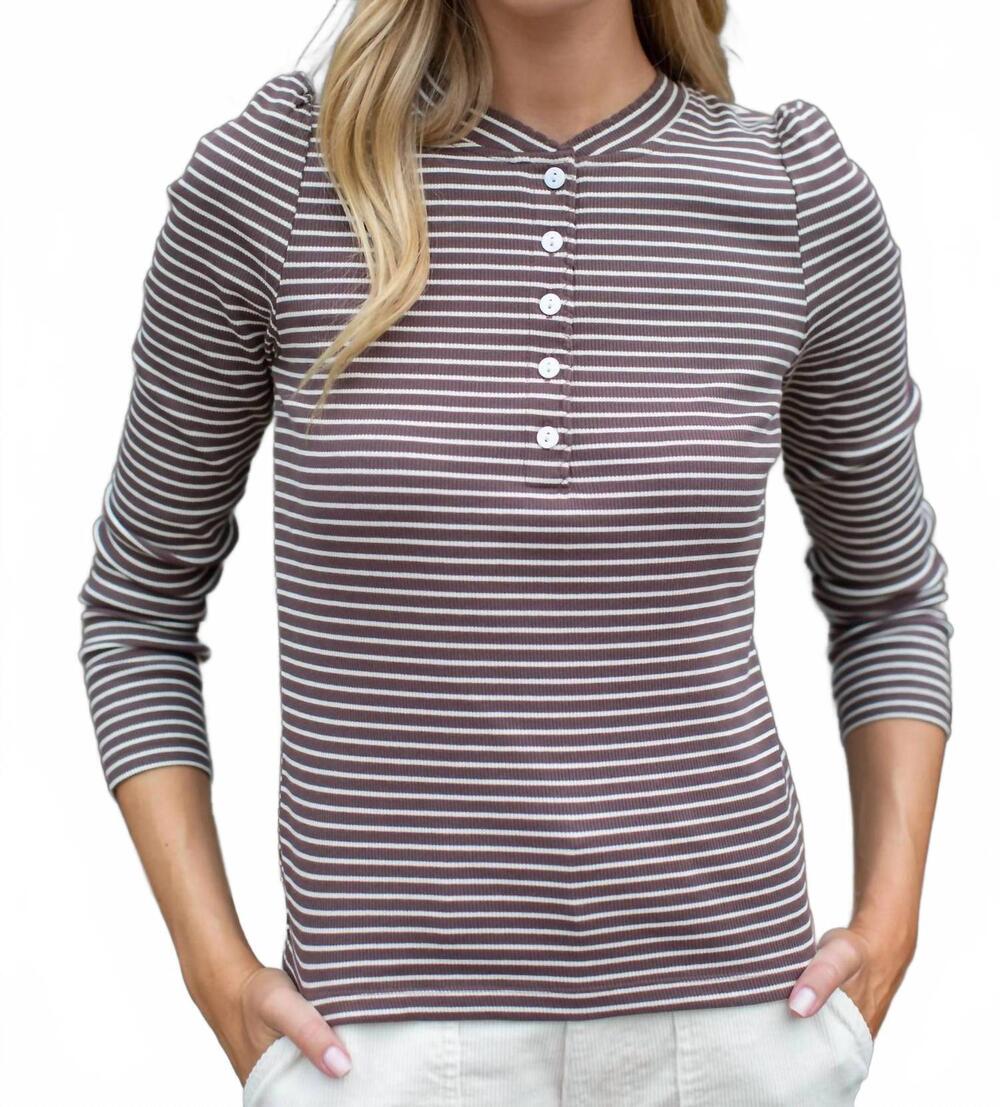NEW MAREA puff sleeve cotton henley tee in chocolate/ivory stripe